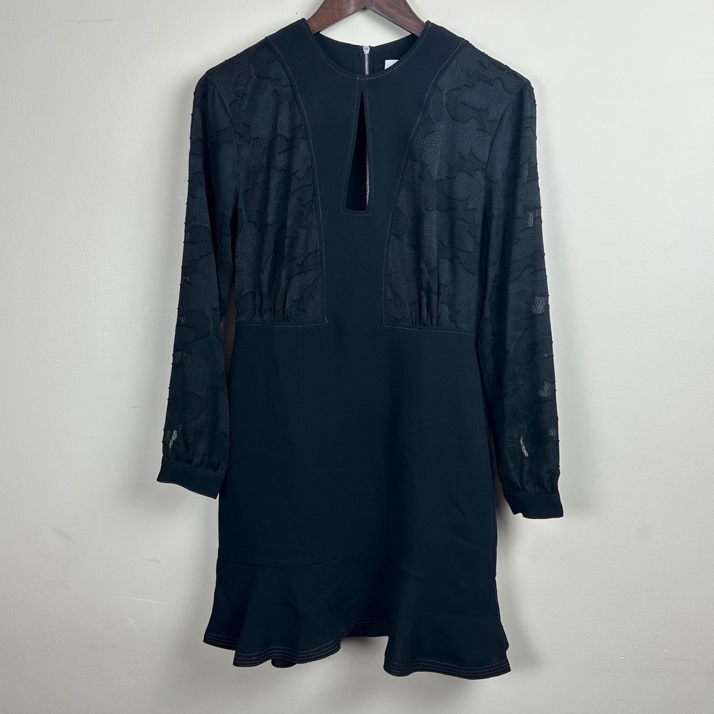 Reiss Pippa Burnout Detail Mini Dress Black Sheer Floral Long Sleeve US 4